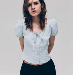 H&M Light Blue Striped Tie-Front Top