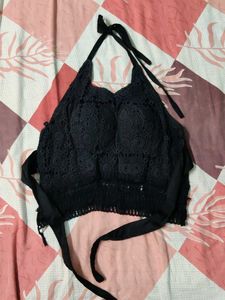 Black Crochet Halter Neck Backless Top
