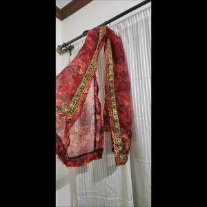 Organza Red Floral Embroidered Dupatta