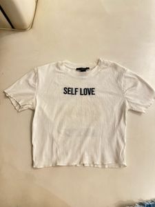 White Ribbed Cropped T-Shirt 'SELF LOVE'