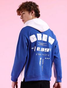 Unisex White &amp; Blue Relaxed Fit Overhead Hoodie