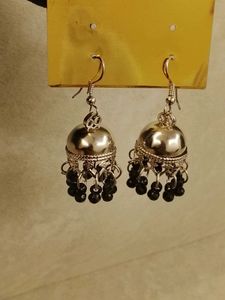 2PAIR Boho Silver Jhumka Earrings with Black Beads