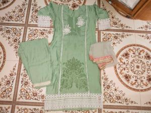 Elegant Light Green Cotton Embroidered Suit Set