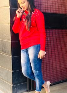 Red Woolen Sweater Cum Top