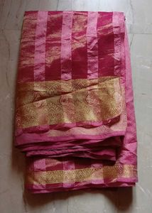 Pink & Gold Striped Silk Saree