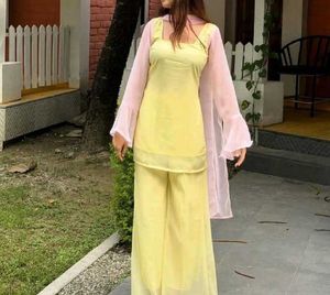 Elegant Yellow Kurta Set with Pink Dupatta