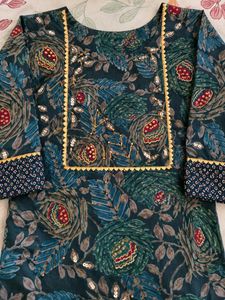 Libas Teal Botanical Print Embellished Kurta Set