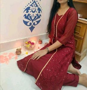 Maroon Attached Jacket Kurta and trouser (set)