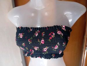 Smocked Floral Bandeau Bikini Top