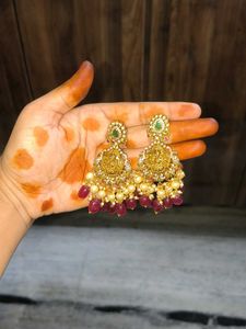 Stunning Gold Jhumka Earrings with Pearls & Rubies
