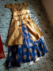 Blue Lehenga With Golden Kurti And Dupatta