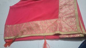 Elegant Red Pink Saree with Golden Border