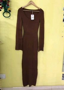 Branded Mocha Brown Ribbed Maxi Dress