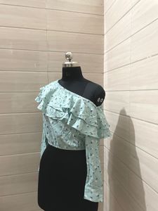 Blue Floral One Shoulder Ruffle Crop