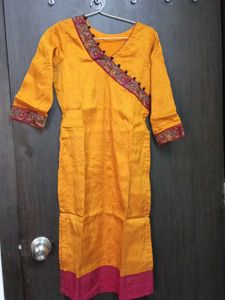 Orange Silk Kurta with Embroidered Neckline