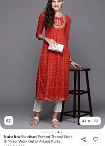 Red Bandhani Printed Kurta with Mirror Work