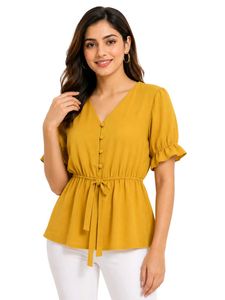 Clinched Waist Mustard Colour Crop Top (Women's)