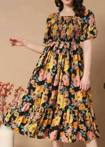 Floral Smocked Square Neck Dress