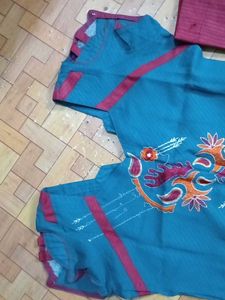 New Teal &amp; Red Embroidered Kurti Pant Set