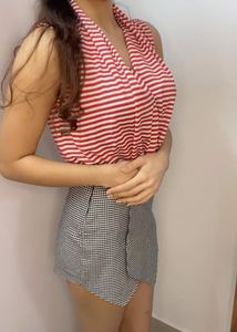 Red Striped Sleeveless Drape Top