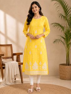 Sunshine Yellow Embroidered Cotton Kurta for Women