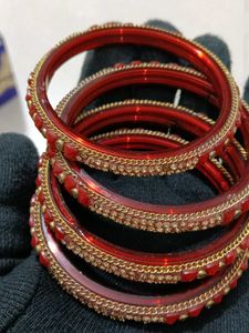 Red Glass Bangles with Gold Accent