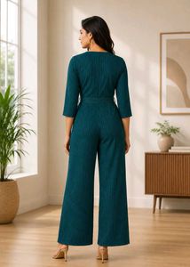 Teal Green Pinstripe Wrap Jumpsuit