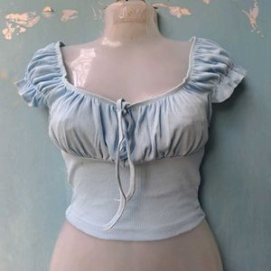 Light Blue Puff Sleeve Tie-Front Top