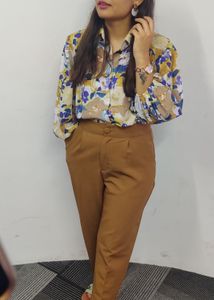 Chic Floral Print Collared Shirt and pant pair