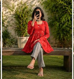 Red Printed Flared Kurti_M