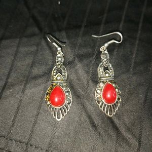 Oxidised Silver Earrings With Red Stone