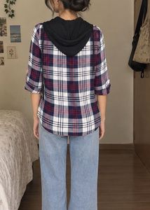 Plaid Button-Up Top with Hoodie