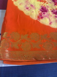 Vibrant Tie-Dye Saree with Golden Border