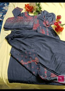 Embroidered Dark Blue Kurti with Stall