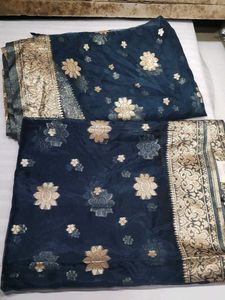 Banarsi Elegant Blue Dupatta with Gold Floral Moti