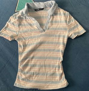 Striped Polo Neck Top