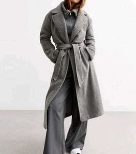 Chic Grey Belted Wool Coat