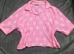 Pink Palm Tree Mesh Knit Polo Top