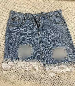Distressed Denim Mini Skirt with Lace Trim