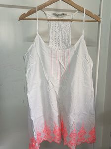White Cami Top with Neon Pink Embroidery