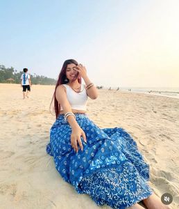 Blue Block Print Maxi Skirt