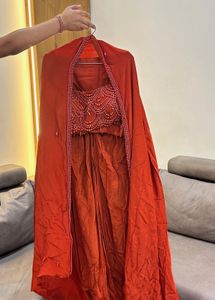 Elegant Orange short blouse and skirt with shrug