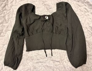 Chic Black Puff Sleeve Tie-Front Top