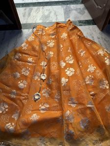 Orange Silk Lehanga Skirt with Floral Print