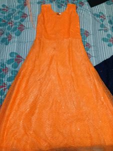 Designer Orange Gown with Navy Shrug