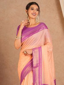 Beautiful Peach Saree with Purple Border