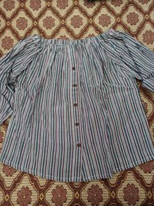 Striped Off-Shoulder Button-Up Top
