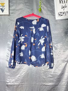 Navy Floral Print Pleated Blouse