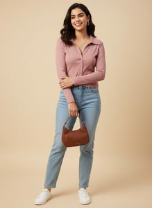 Topshop Pink Ribbed Button-Up Top