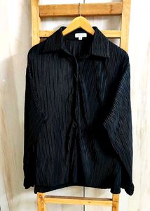 Chic Black Pleated Button-Up Shirt size-56